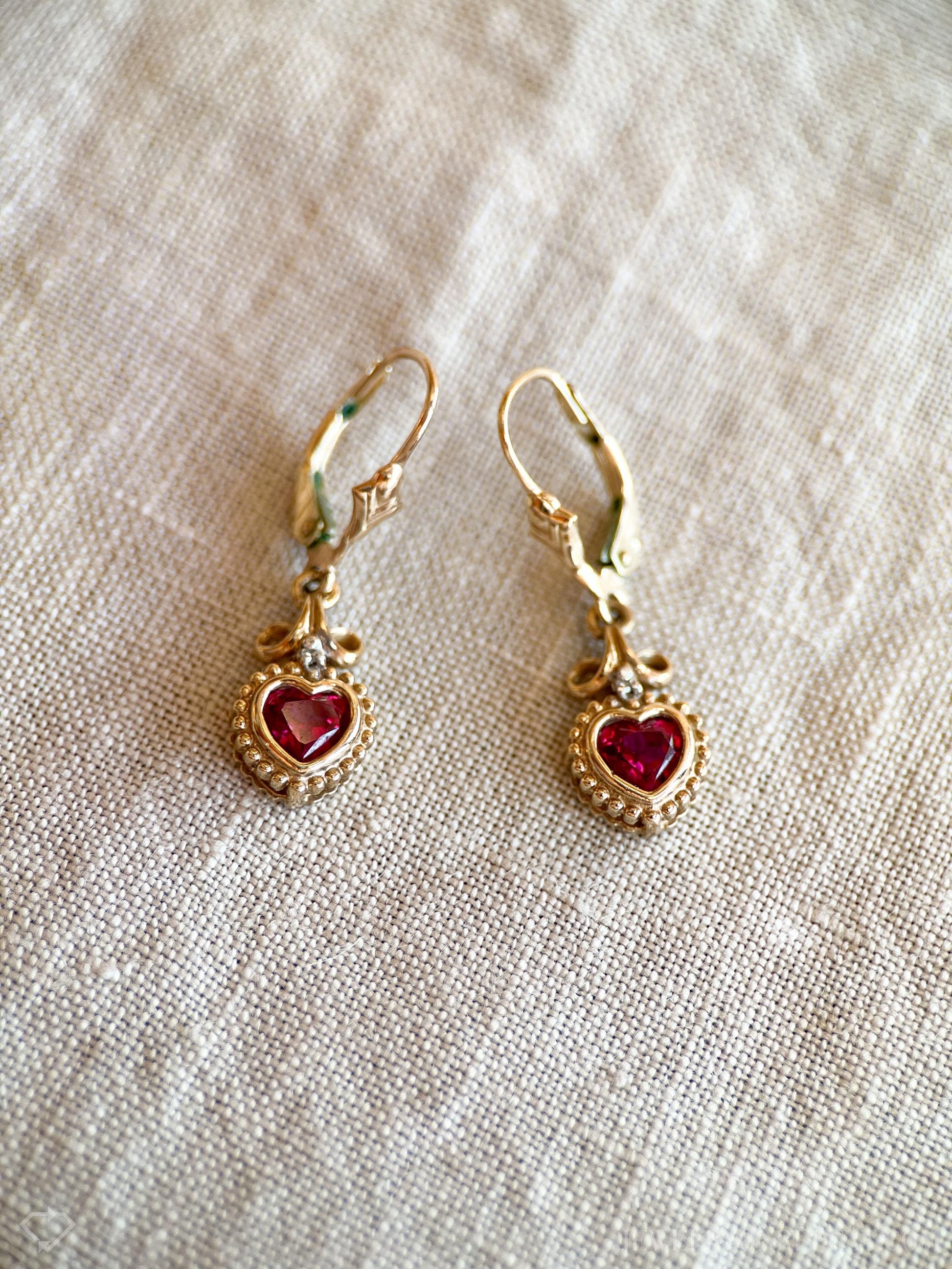 Vintage Ruby Heart Dangle Earrings in 14k Gold