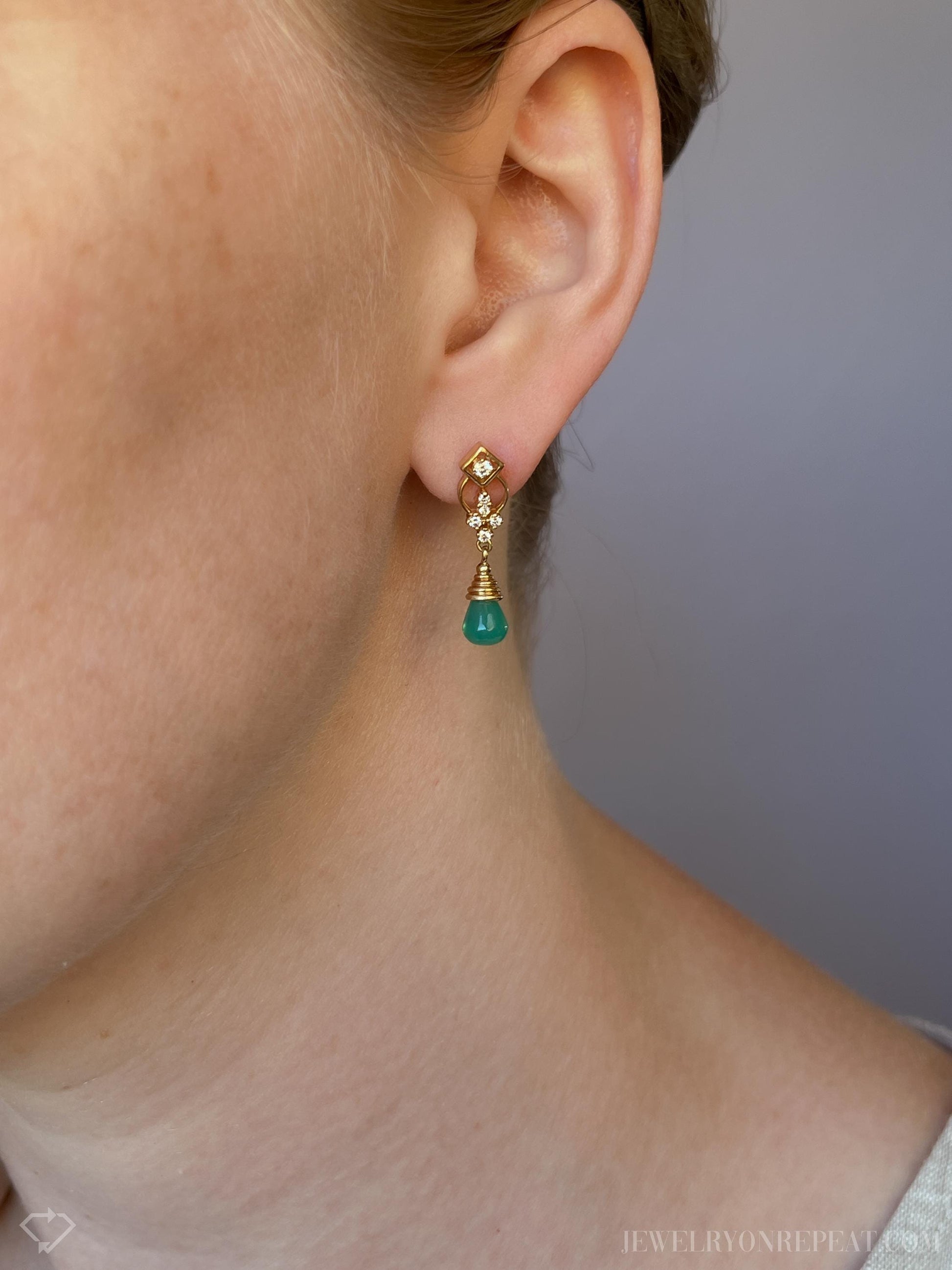 Vintage Green Gemstone Dangle Earrings in 18k Gold