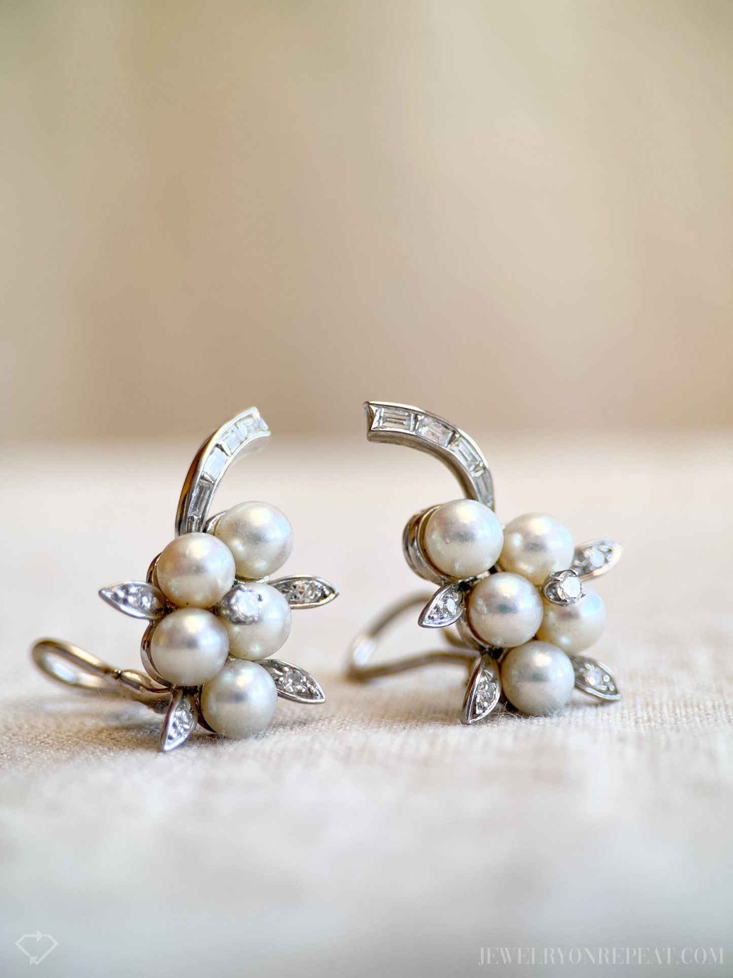 Vintage Pearl and Diamond Clip On Earrings in 14k White Gold