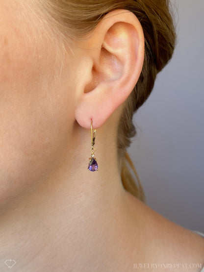 Vintage Amethyst and Diamond Earrings, 10k Gold, Pear Dangle Drop Earrings, Gift for Her