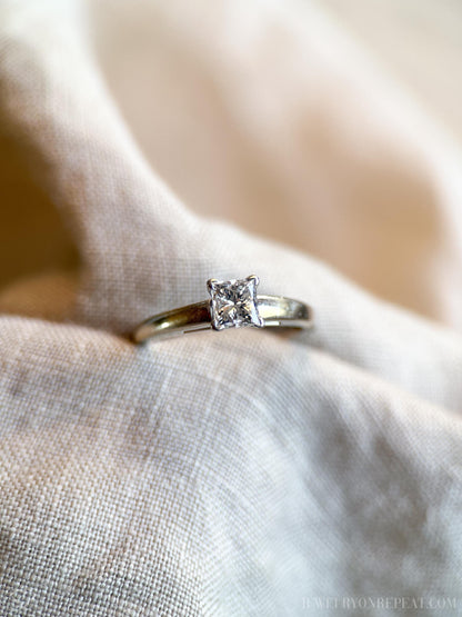 Vintage Diamond Engagement Ring, Princess Cut, 14k White Gold, 1990s Solitaire Bridal Ring