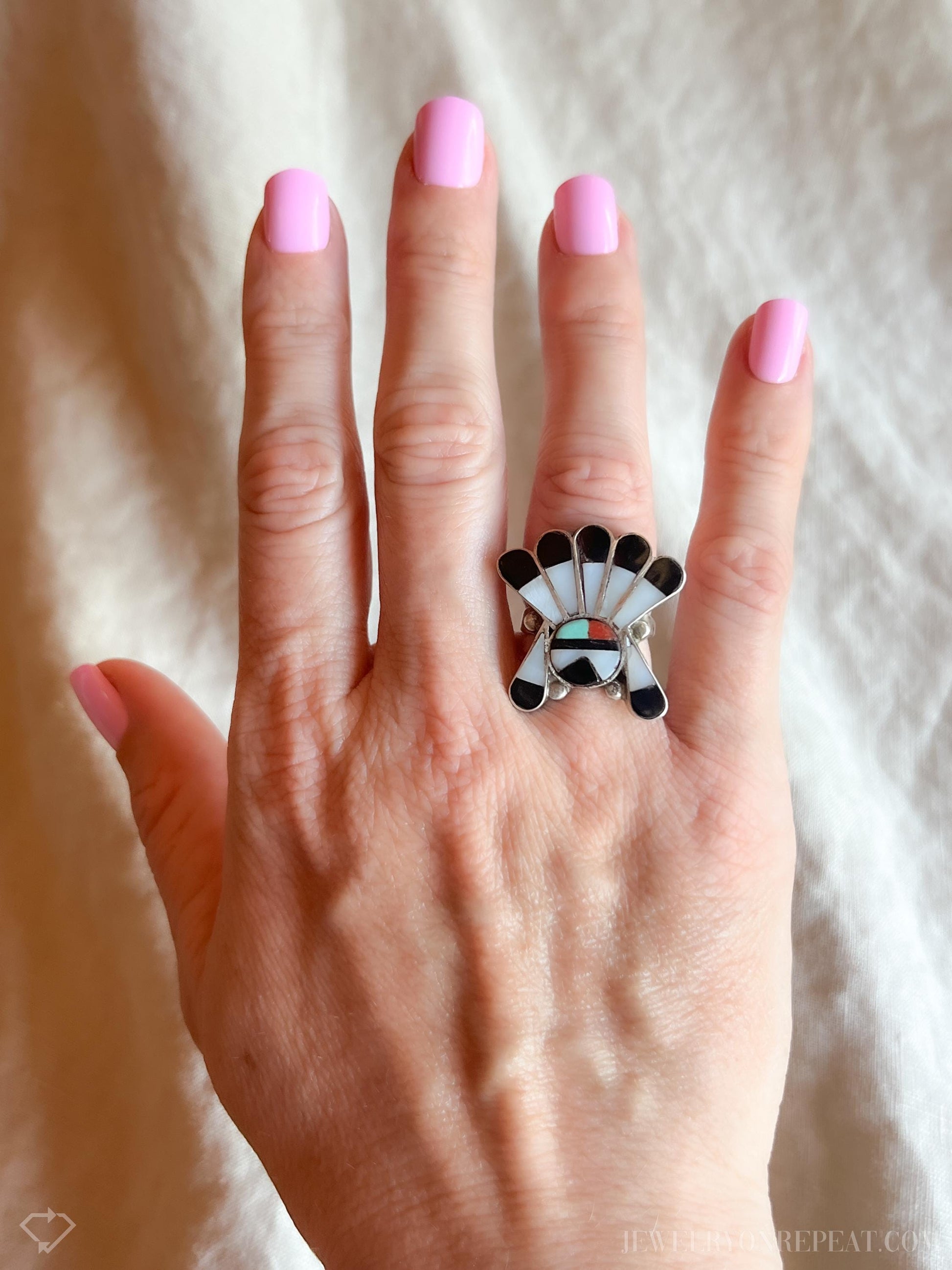 Vintage Zuni Sun Face Headdress Gemstone Ring in Sterling Silver