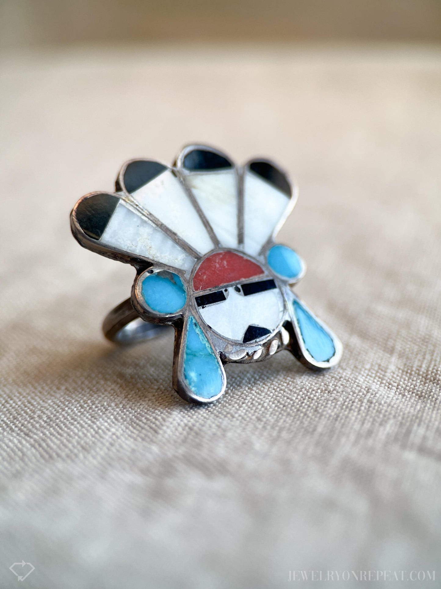 Vintage Zuni Sun Face Headdress Gemstone Ring in Sterling Silver