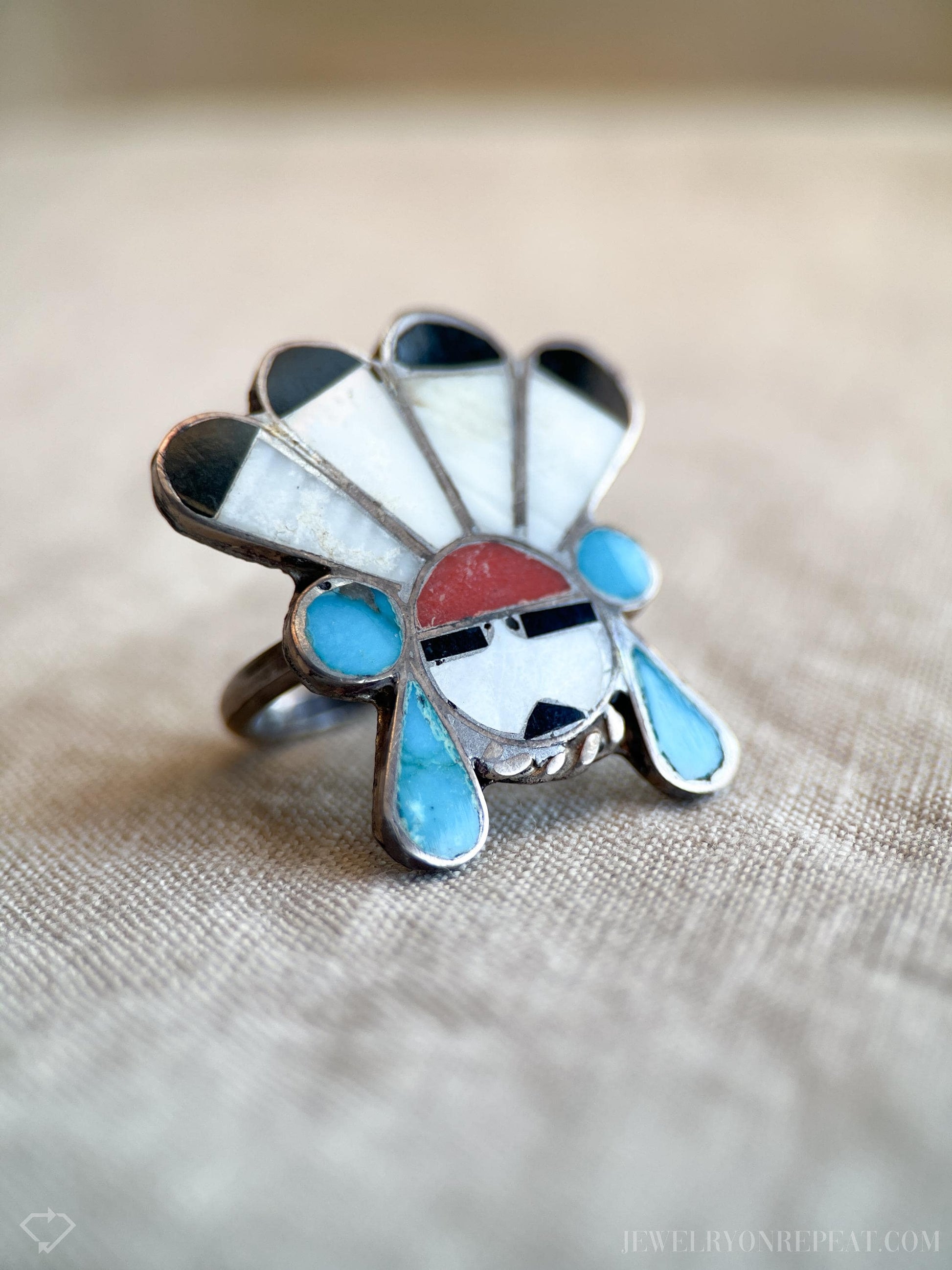 Vintage Zuni Sun Face Headdress Gemstone Ring in Sterling Silver