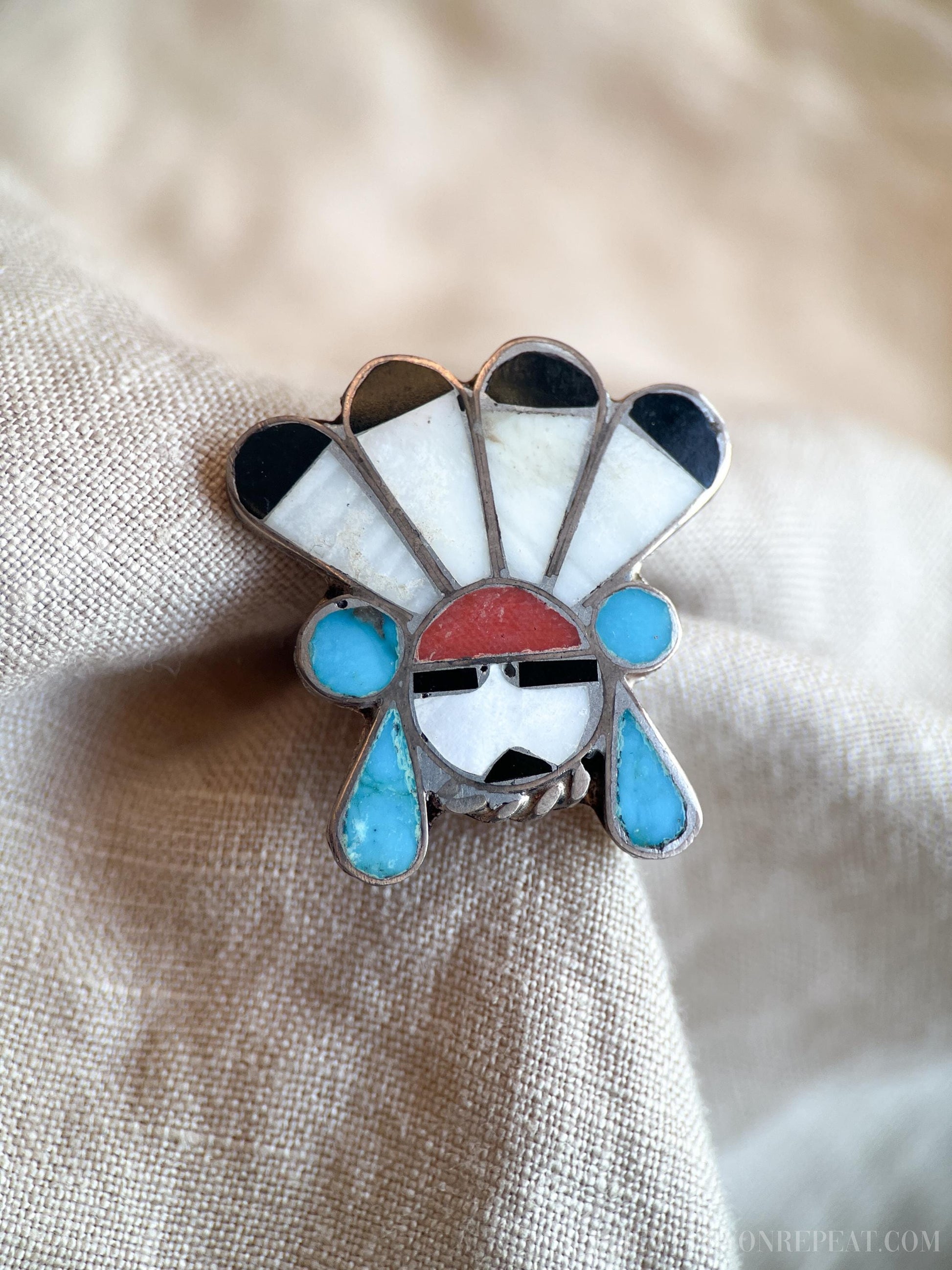 Vintage Zuni Sun Face Headdress Gemstone Ring in Sterling Silver