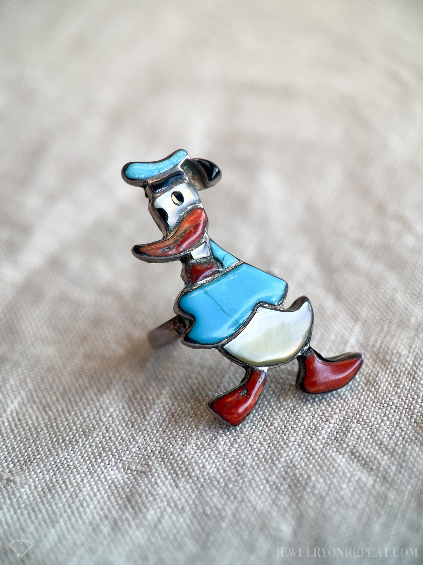 Vintage Donald Zunitoon Gemstone Duck Ring in Sterling Silver