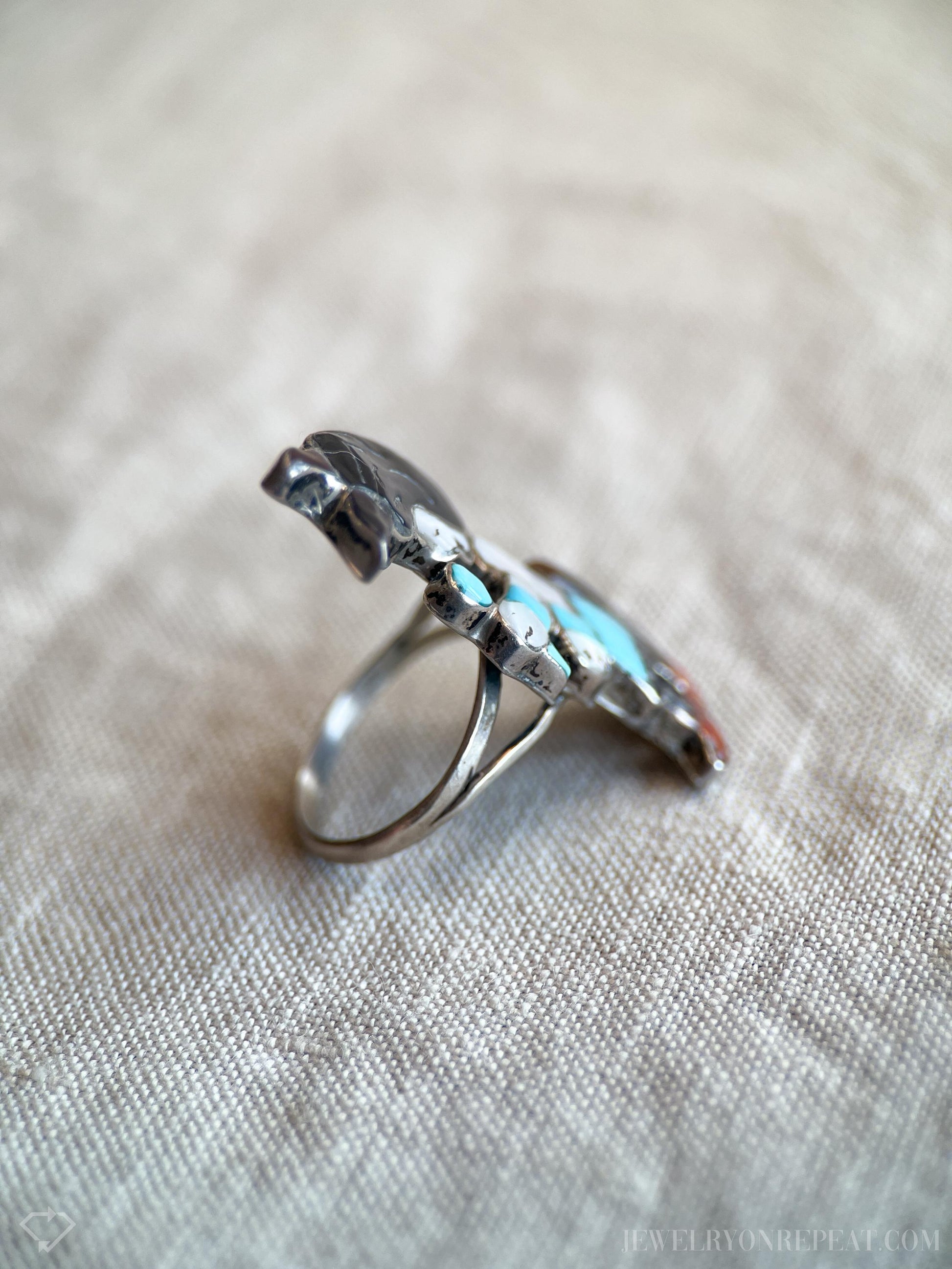Vintage Gemstone Inlay Figure Ring Sterling Silver, Southwestern Jewelry, Everyday Ring