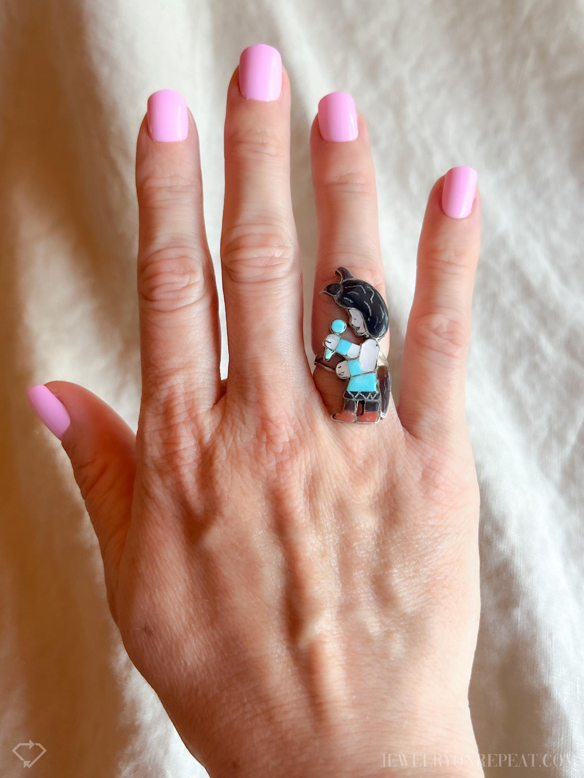 Vintage Gemstone Inlay Figure Ring Sterling Silver, Southwestern Jewelry, Everyday Ring