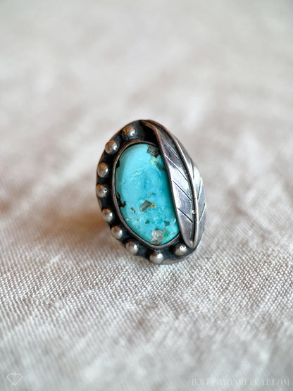 Vintage Turquoise Ring Sterling Silver, Southwestern Leaf/Feather Statement Ring, Boho Everyday Jewelry
