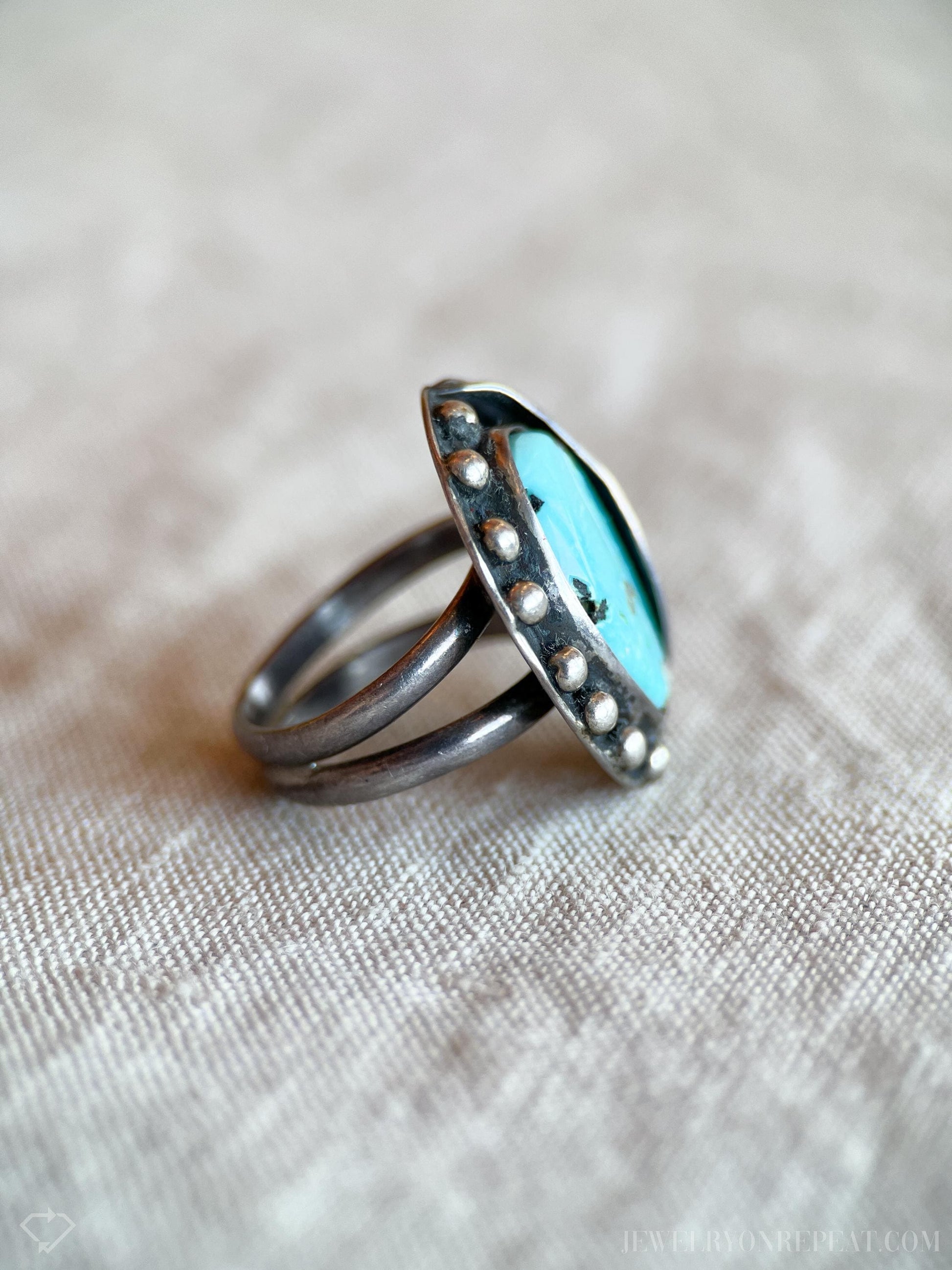 Vintage Turquoise Ring Sterling Silver, Southwestern Leaf/Feather Statement Ring, Boho Everyday Jewelry