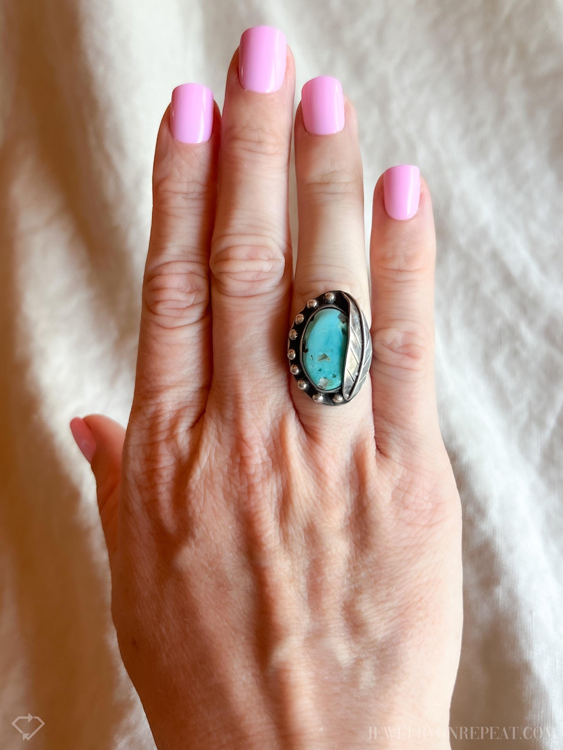 Vintage Turquoise Ring Sterling Silver, Southwestern Leaf/Feather Statement Ring, Boho Everyday Jewelry