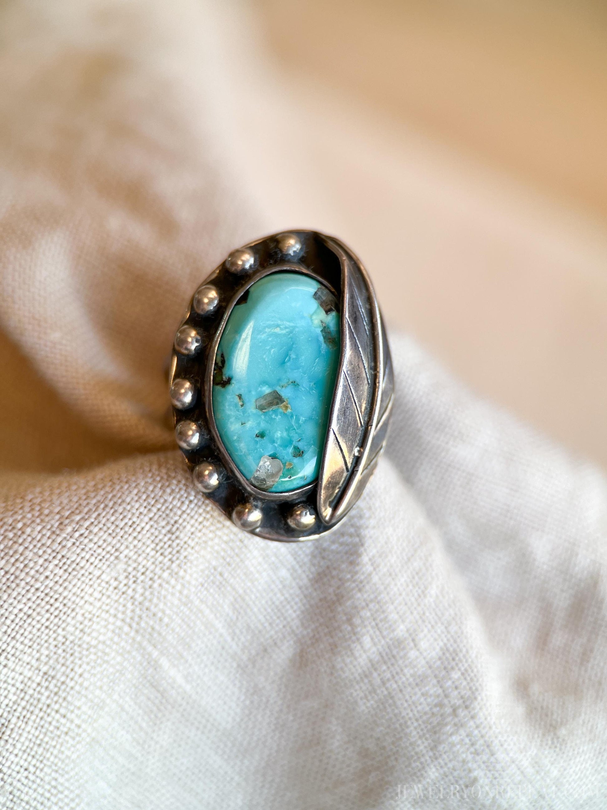 Vintage Turquoise Ring Sterling Silver, Southwestern Leaf/Feather Statement Ring, Boho Everyday Jewelry