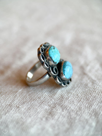 Vintage Turquoise Ring Sterling Silver, Oval Double Bezel, Southwestern Everyday Ring