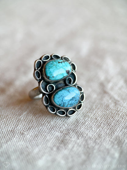 Vintage Turquoise Ring Sterling Silver, Oval Double Bezel, Southwestern Everyday Ring