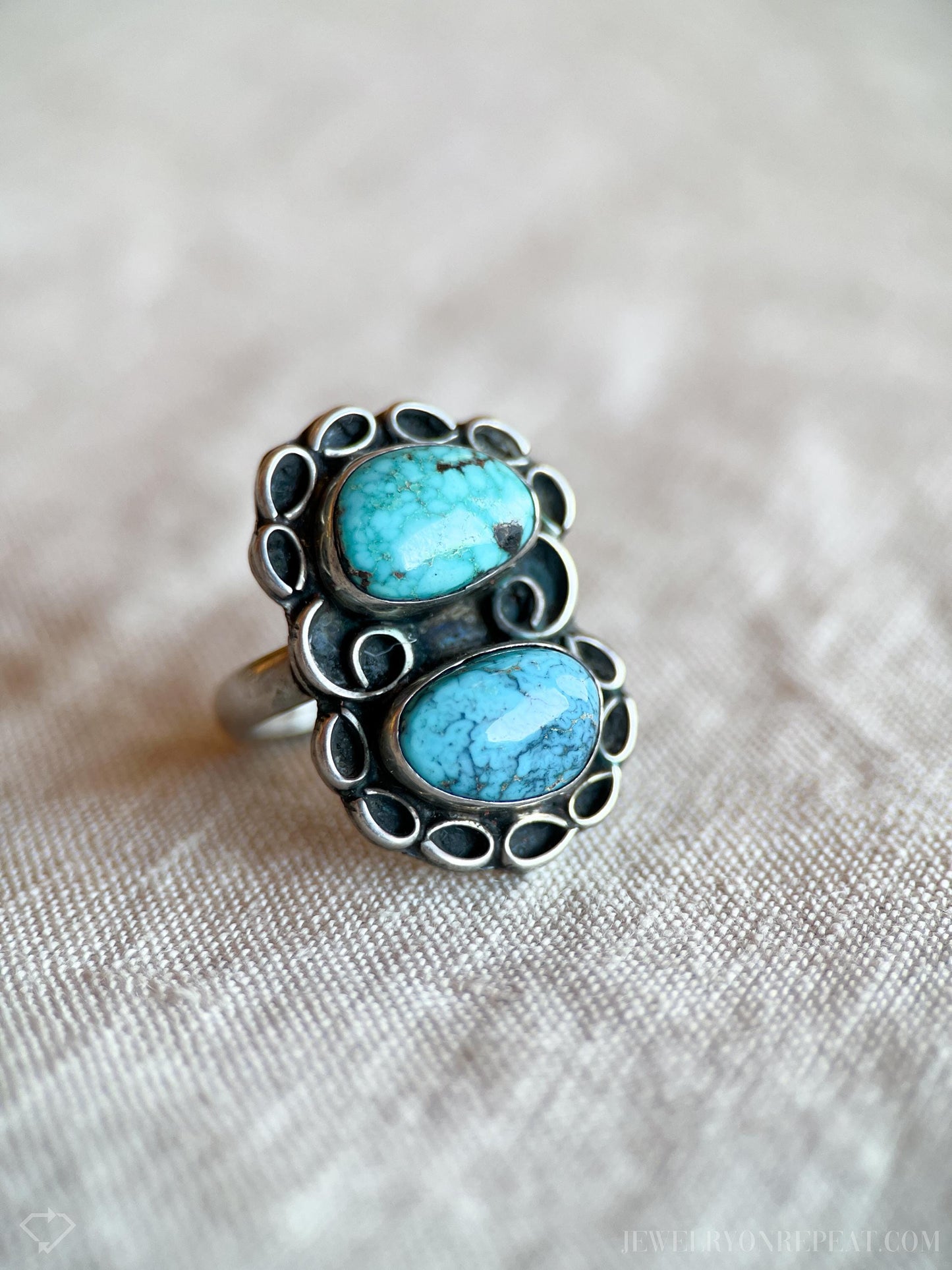 Vintage Turquoise Ring Sterling Silver, Oval Double Bezel, Southwestern Everyday Ring