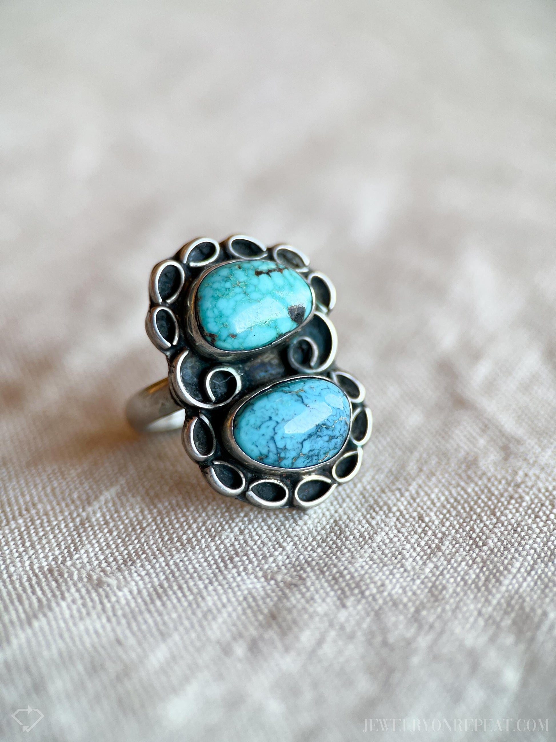 Vintage Turquoise Ring Sterling Silver, Oval Double Bezel, Southwestern Everyday Ring