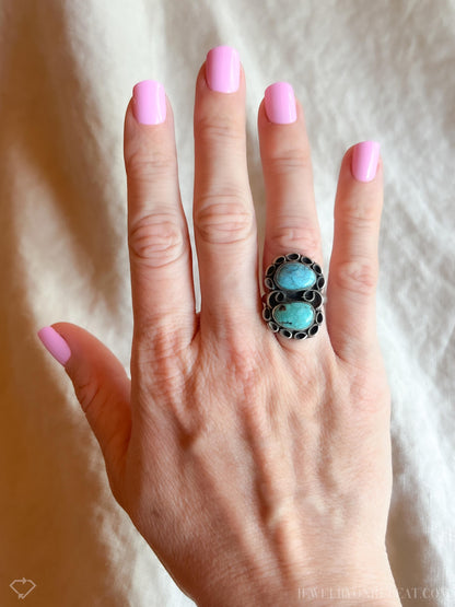 Vintage Turquoise Ring Sterling Silver, Oval Double Bezel, Southwestern Everyday Ring