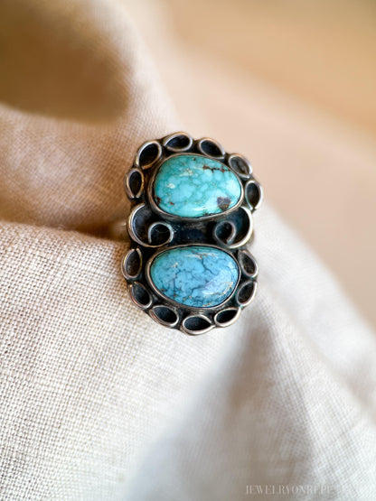 Vintage Turquoise Ring Sterling Silver, Oval Double Bezel, Southwestern Everyday Ring