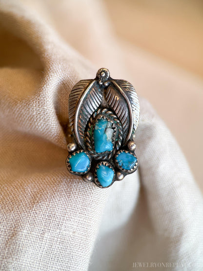 Vintage Sterling Silver Turquoise Feather Ring, Southwestern Boho Statement Jewelry