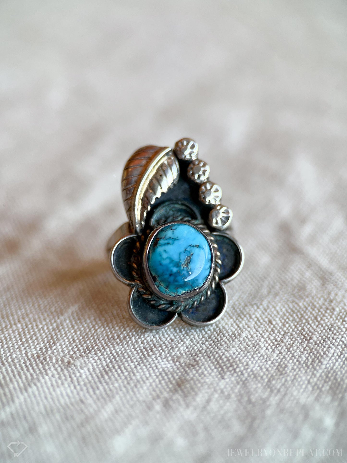 Vintage Turquoise Sterling Silver Ring, Southwestern Floral Statement Jewelry