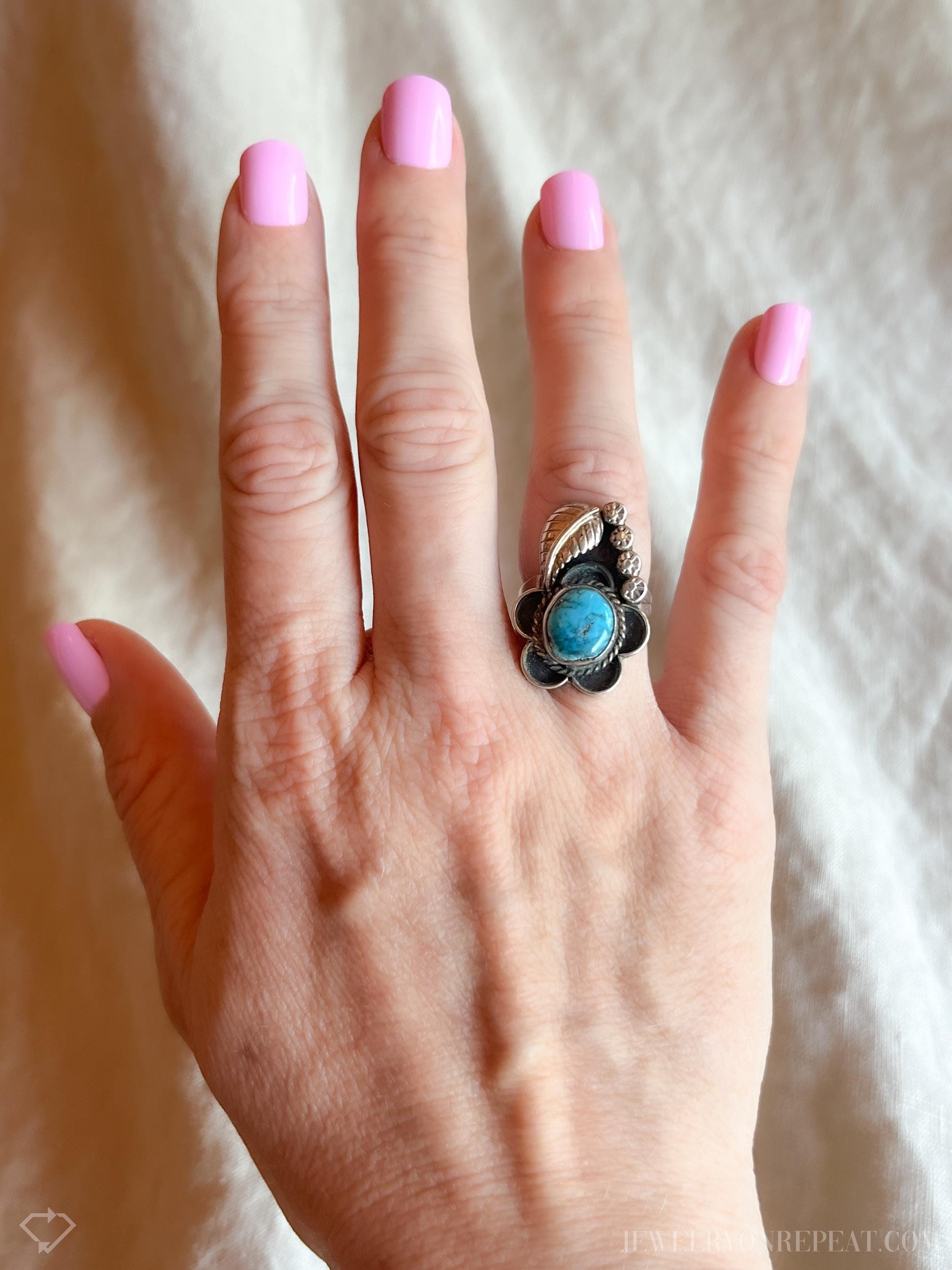 Vintage Turquoise Sterling Silver Ring, Southwestern Floral Statement Jewelry