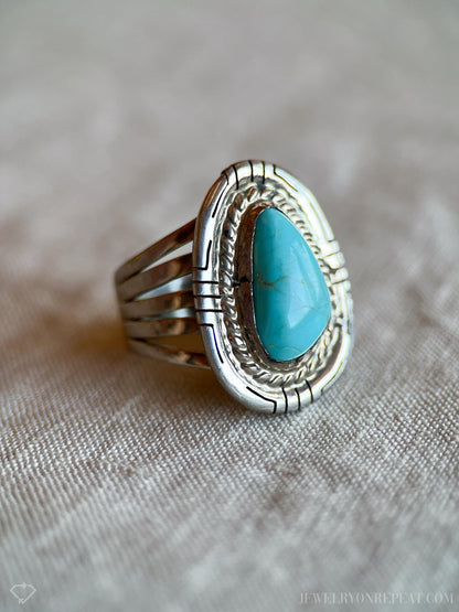 Vintage Turquoise Sterling Silver Ring, Rope Bezel Statement, Southwestern Boho Jewelry