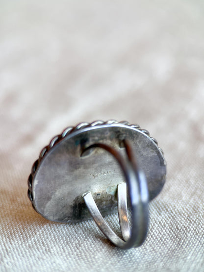 Vintage Turquoise Sterling Silver Rope Statement Ring, Southwestern Boho Jewelry