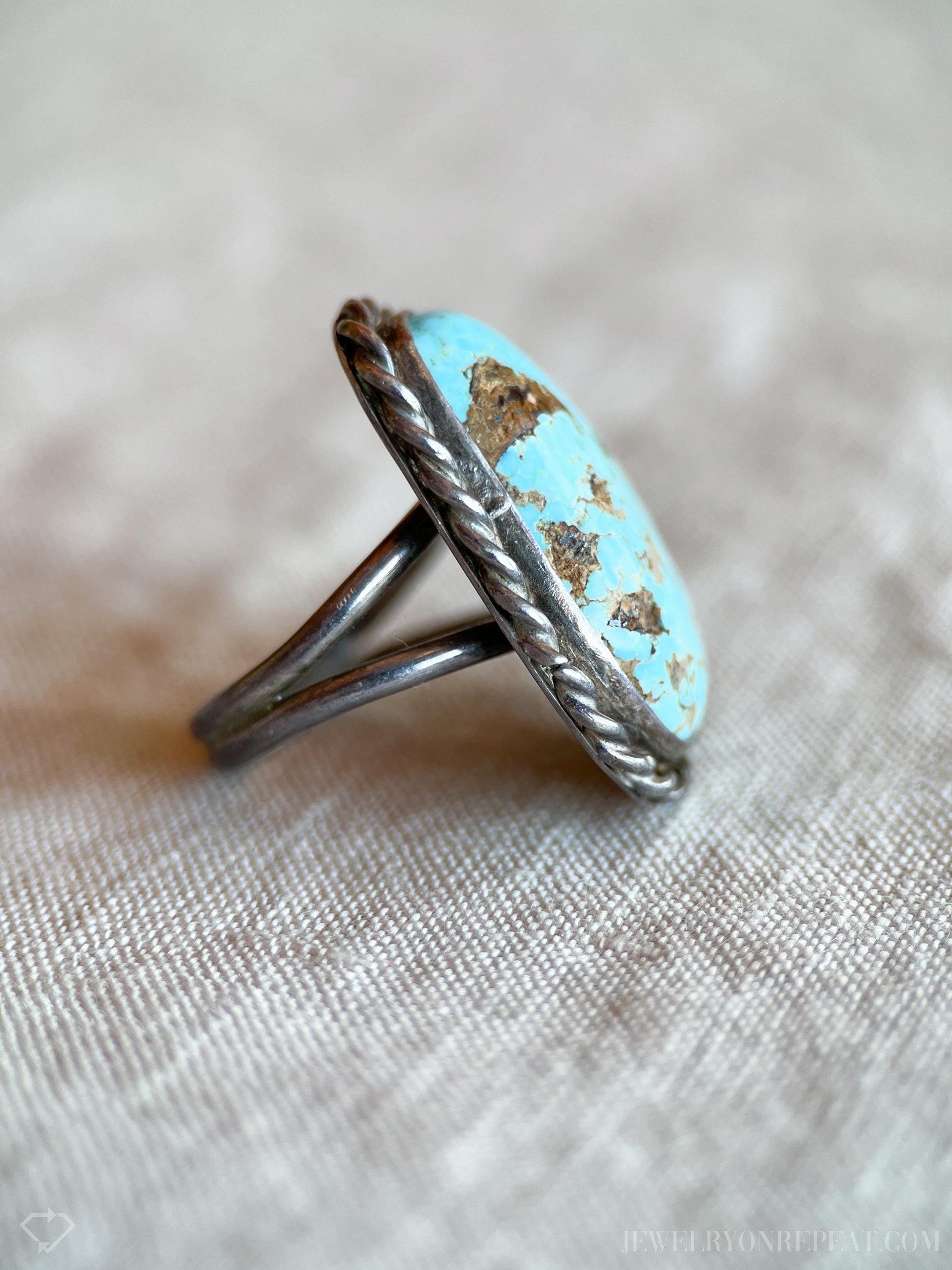 Vintage Turquoise Sterling Silver Rope Statement Ring, Southwestern Boho Jewelry