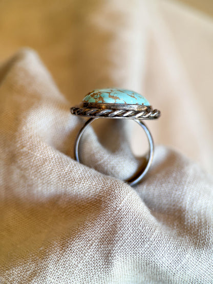 Vintage Turquoise Sterling Silver Rope Statement Ring, Southwestern Boho Jewelry