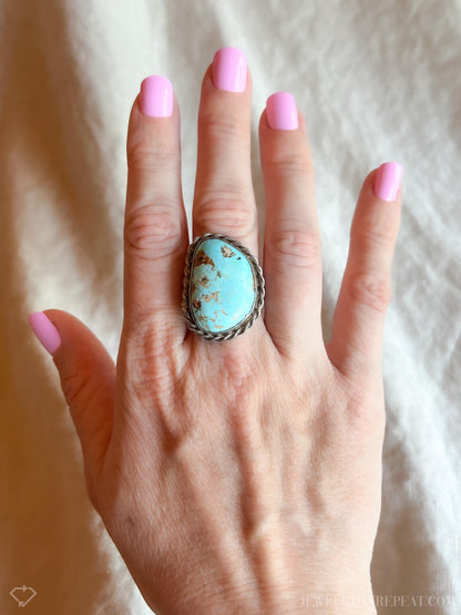 Vintage Turquoise Sterling Silver Rope Statement Ring, Southwestern Boho Jewelry
