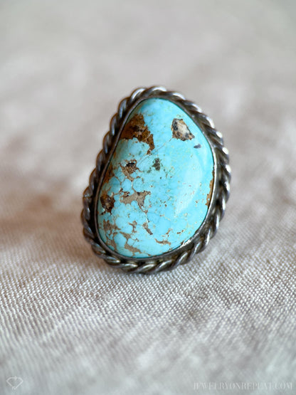 Vintage Turquoise Sterling Silver Rope Statement Ring, Southwestern Boho Jewelry