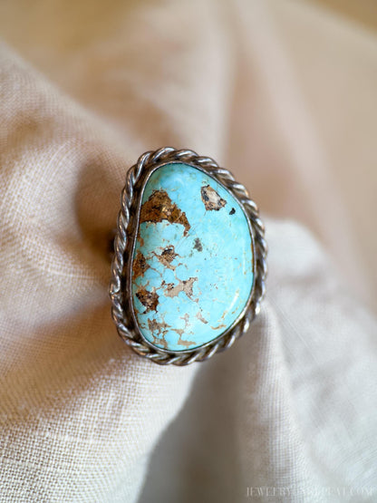 Vintage Turquoise Sterling Silver Rope Statement Ring, Southwestern Boho Jewelry