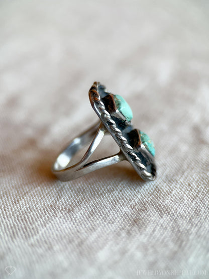 Vintage Turquoise Sterling Silver Double Square Ring, Southwestern Boho Jewelry