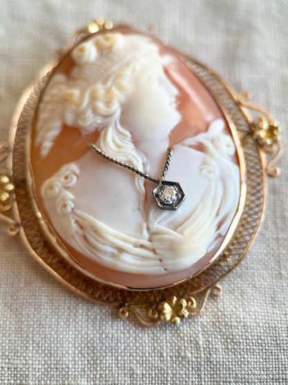 Vintage 1940s Cameo & Diamond Brooch in 14k Gold