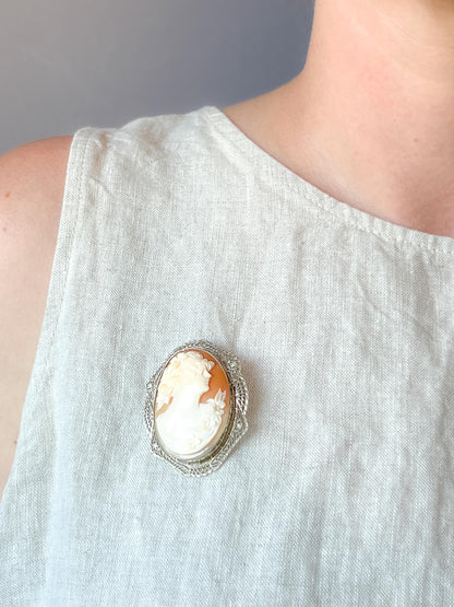 Vintage 1930s Cameo Brooch in 10k White Gold