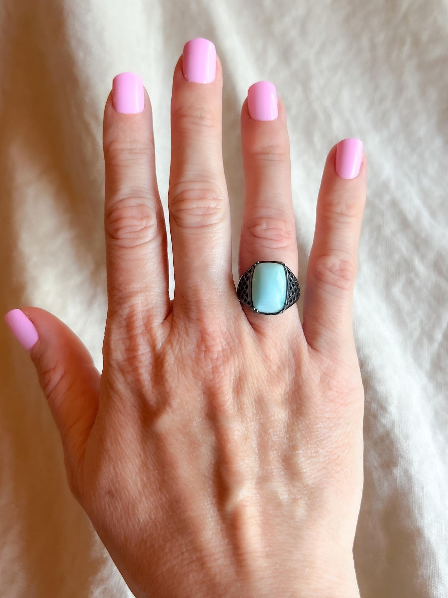 Vintage Larimar Sterling Silver Filigree Statement Ring, Gothic Boho Black Oxidized Jewelry