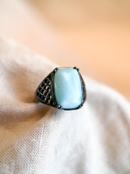 Vintage Larimar Sterling Silver Filigree Statement Ring, Gothic Boho Black Oxidized Jewelry