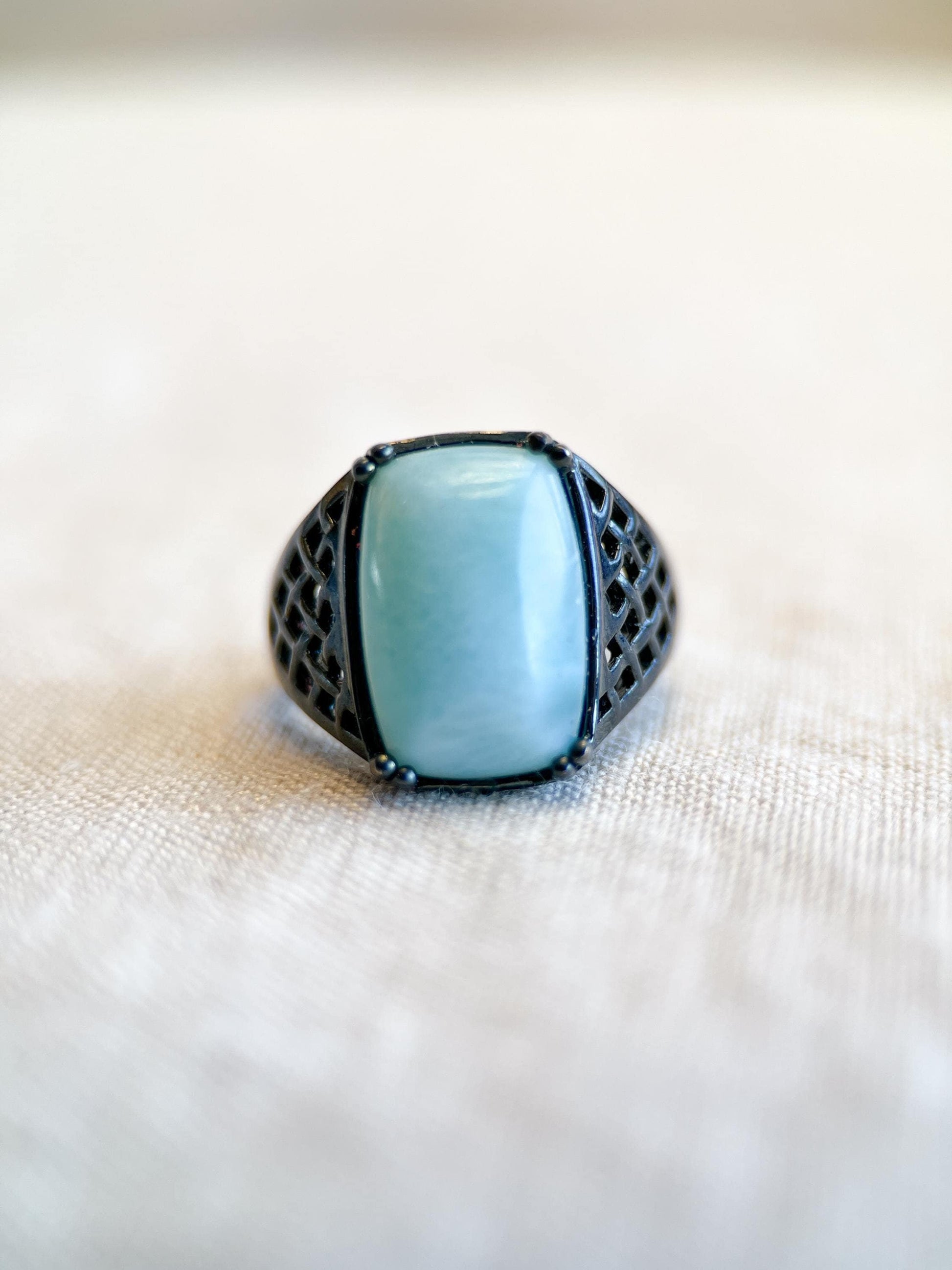 Vintage Larimar Sterling Silver Filigree Statement Ring, Gothic Boho Black Oxidized Jewelry