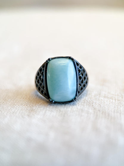 Vintage Larimar Sterling Silver Filigree Statement Ring, Gothic Boho Black Oxidized Jewelry