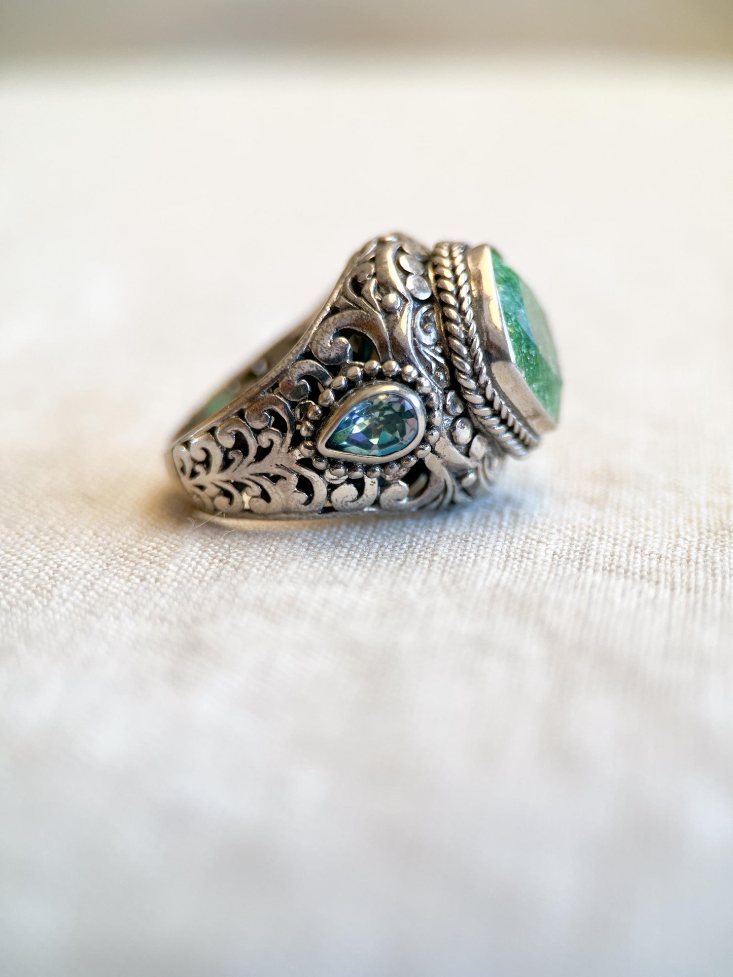 Vintage Sterling Silver Green Quartz Ring, Ornate Boho Filigree Statement Jewelry