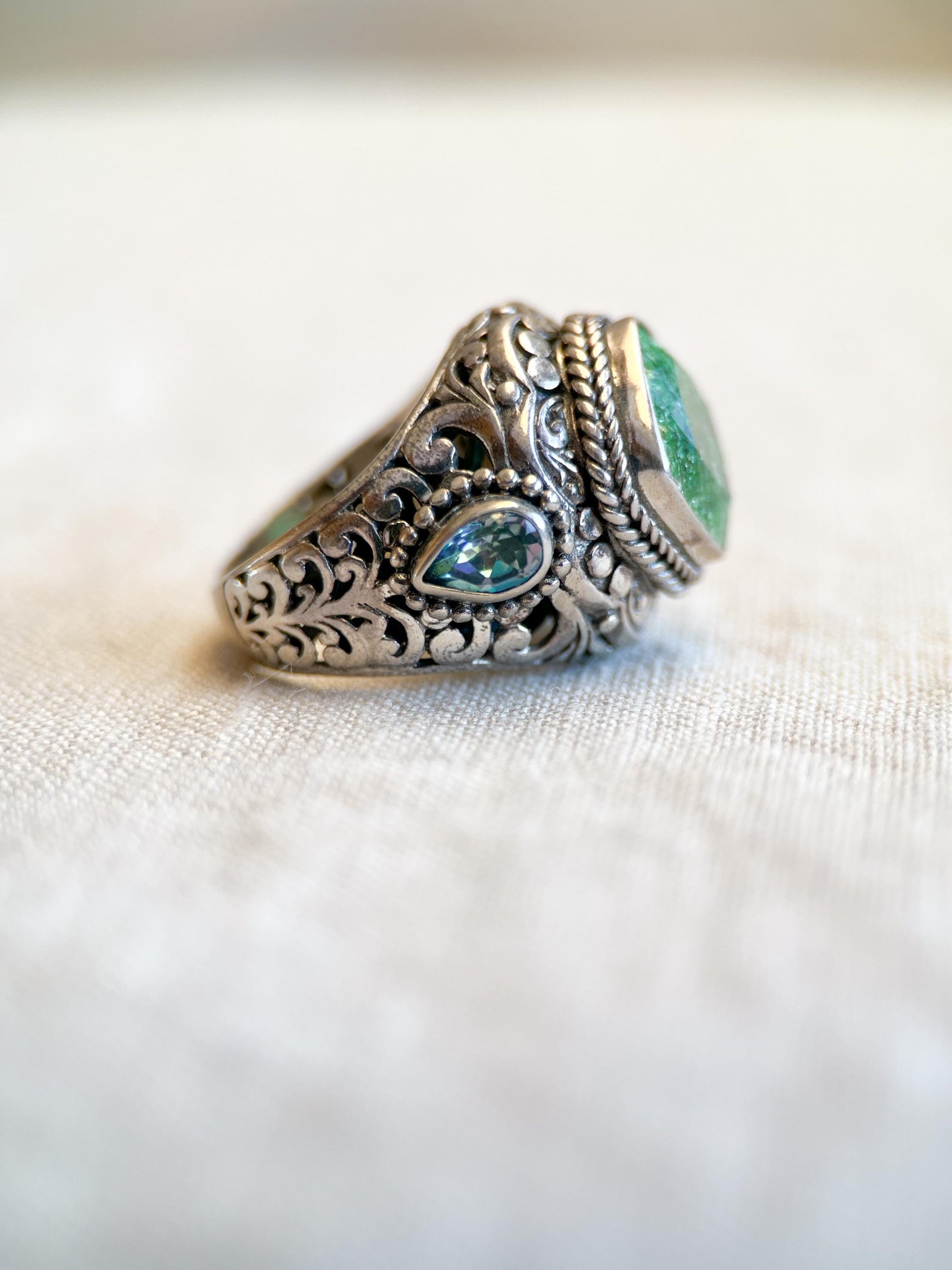Vintage Sterling Silver Green Quartz Ring, Ornate Boho Filigree Statement Jewelry