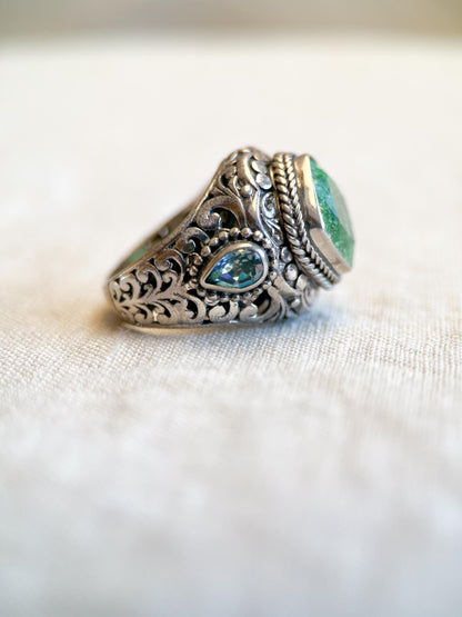 Vintage Sterling Silver Green Quartz Ring, Ornate Boho Filigree Statement Jewelry