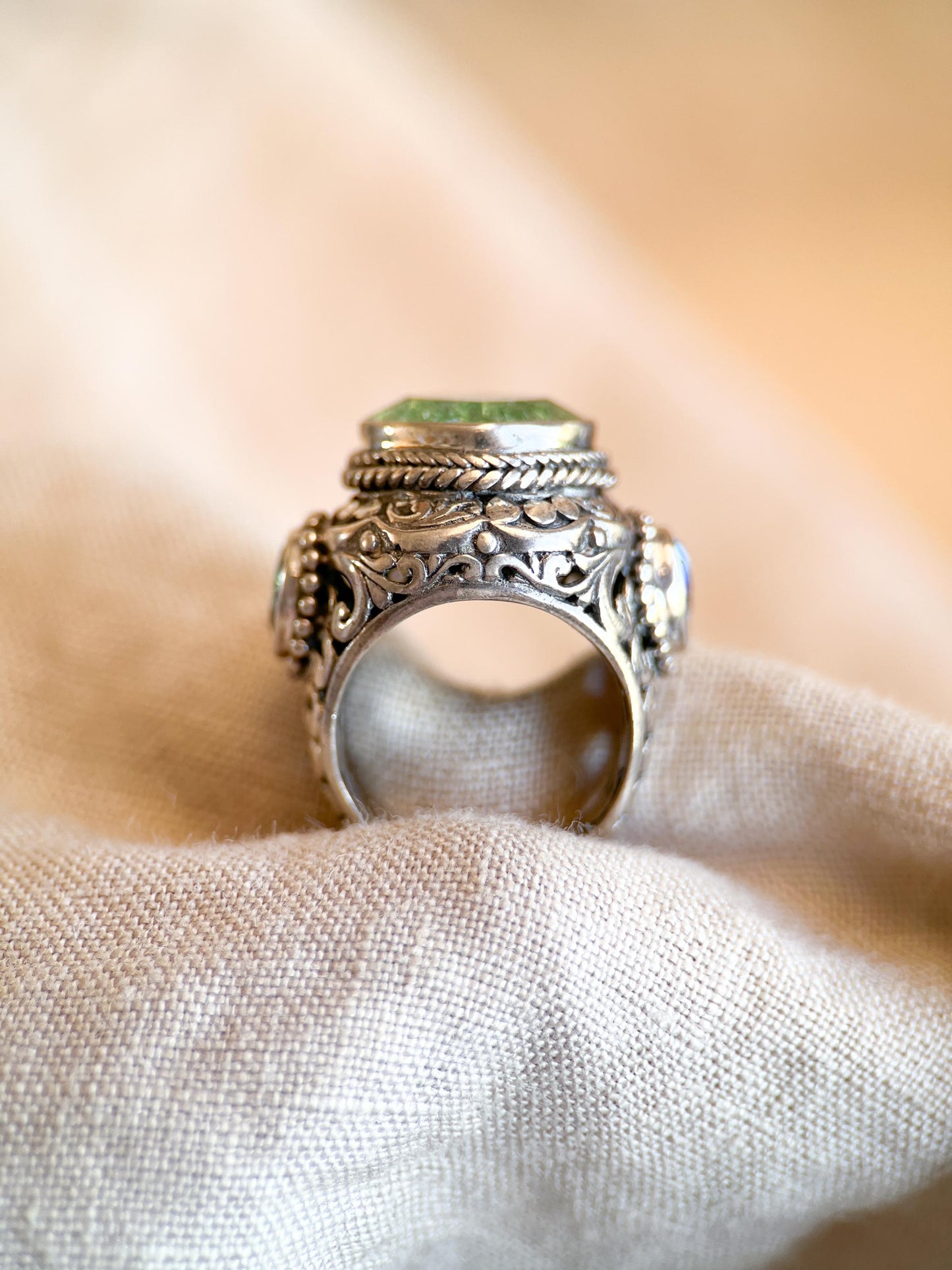 Vintage Sterling Silver Green Quartz Ring, Ornate Boho Filigree Statement Jewelry