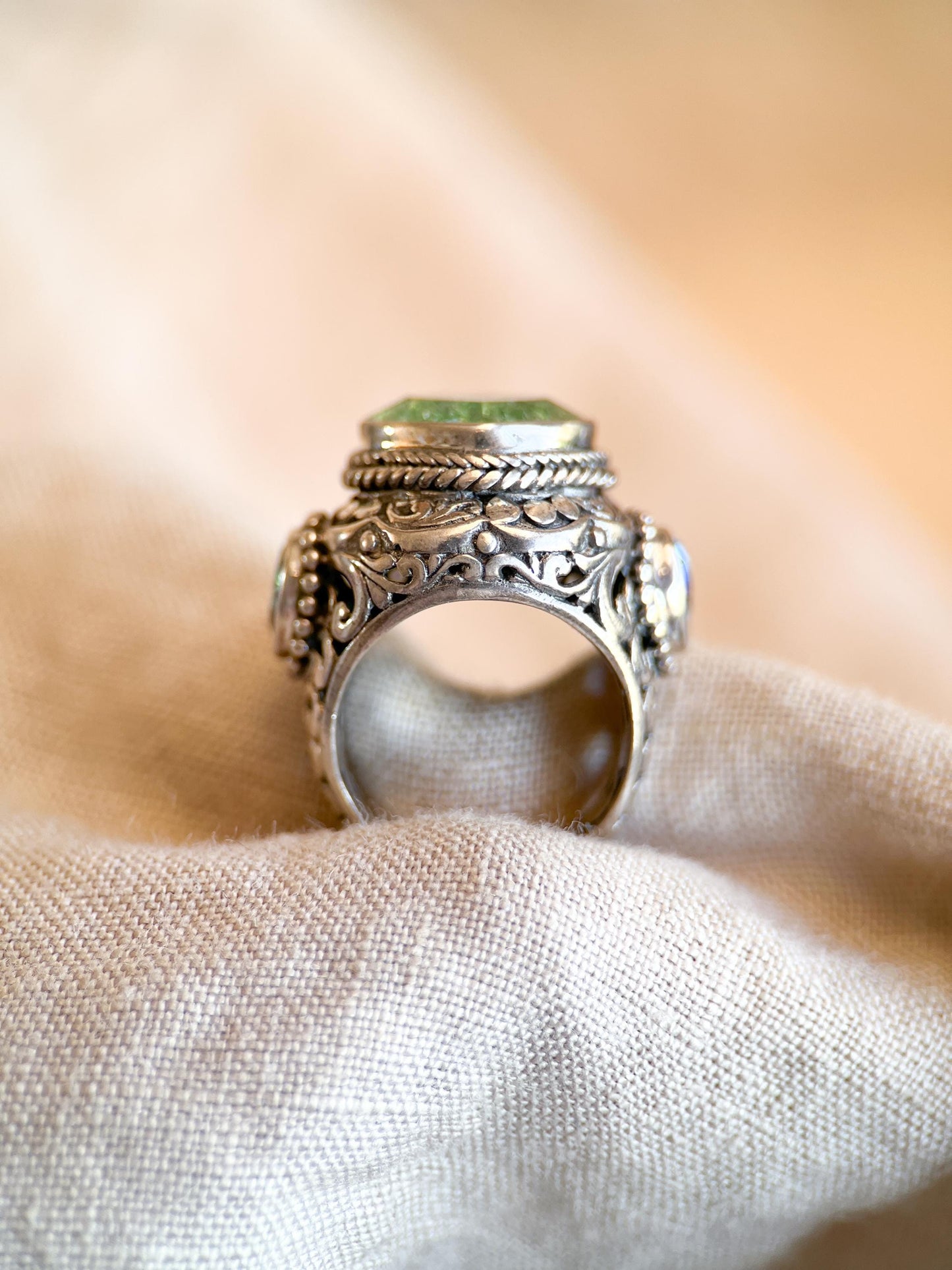 Vintage Sterling Silver Green Quartz Ring, Ornate Boho Filigree Statement Jewelry