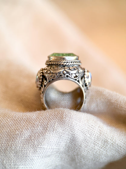 Vintage Sterling Silver Green Quartz Ring, Ornate Boho Filigree Statement Jewelry