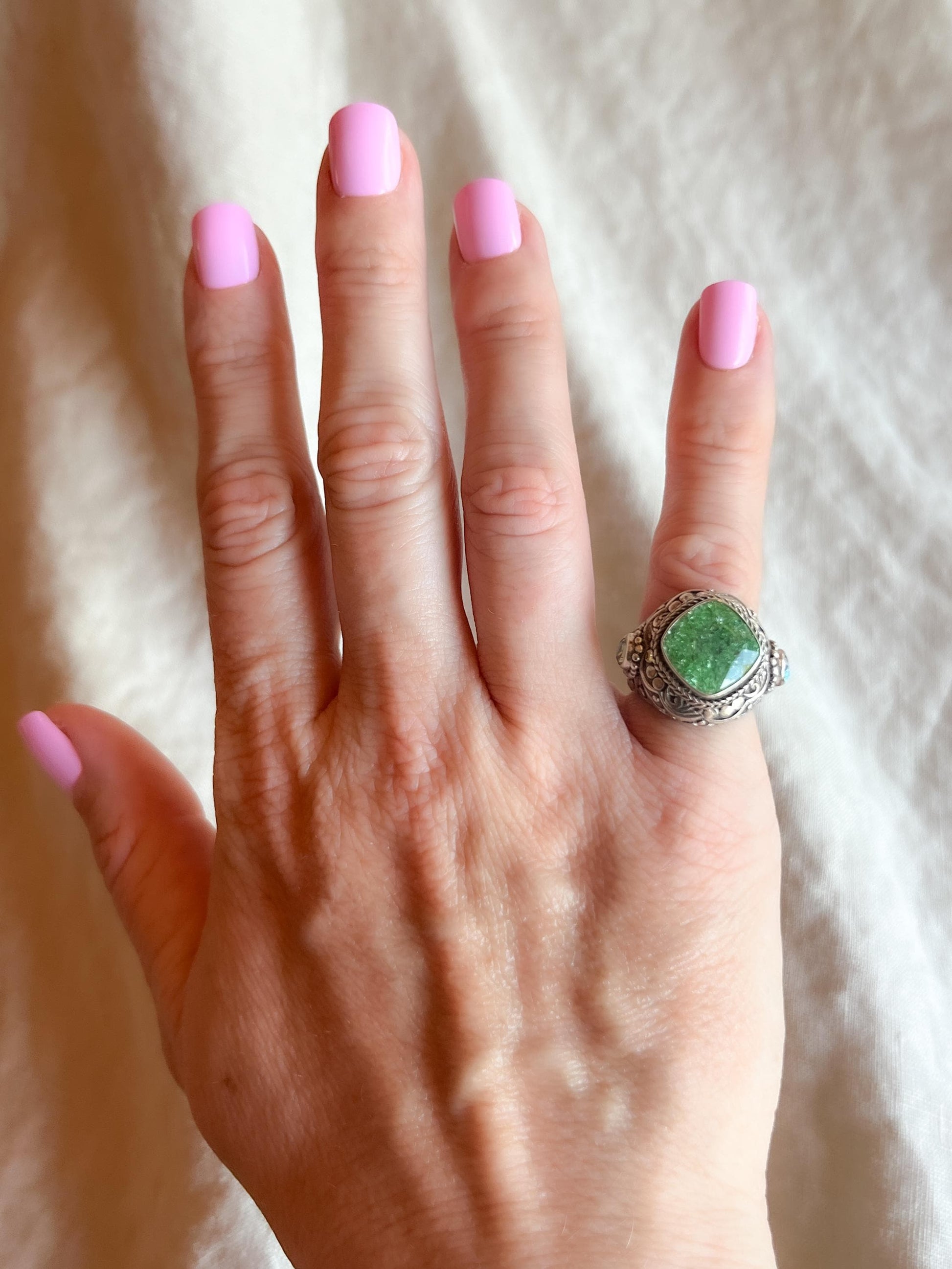 Vintage Sterling Silver Green Quartz Ring, Ornate Boho Filigree Statement Jewelry