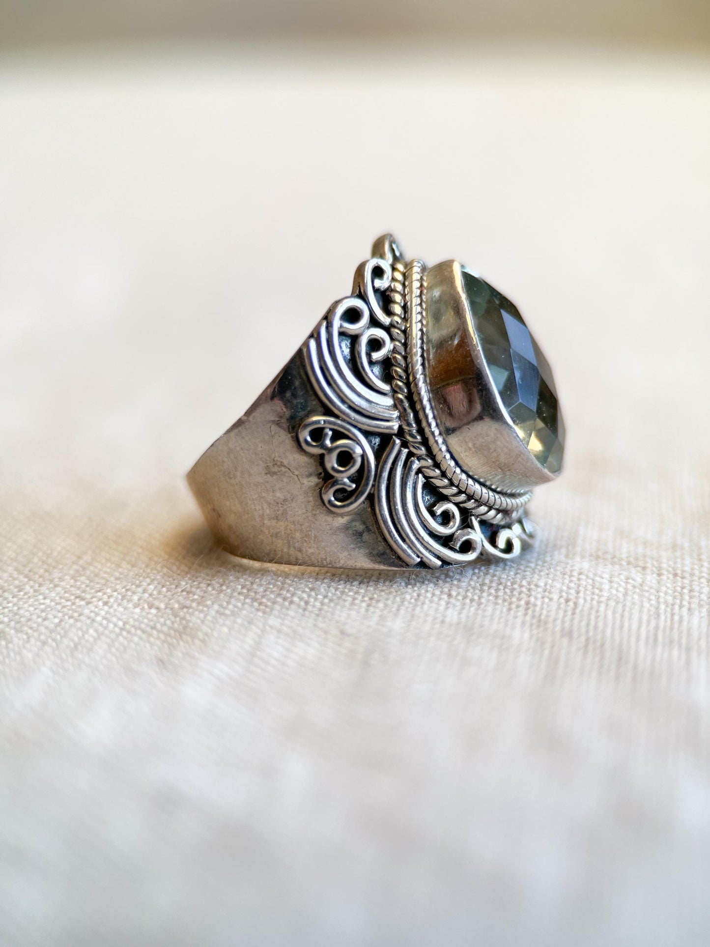 Vintage Pear Prasiolite Ring, Sterling Silver Filigree Boho Statement Jewelry
