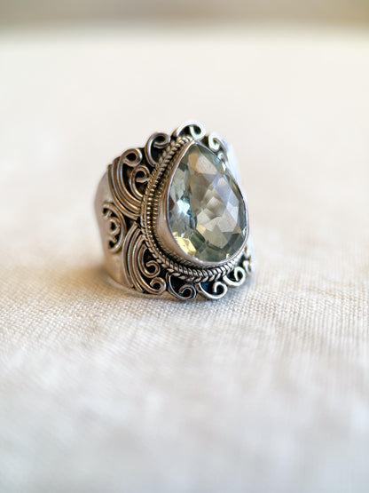 Vintage Pear Prasiolite Ring, Sterling Silver Filigree Boho Statement Jewelry
