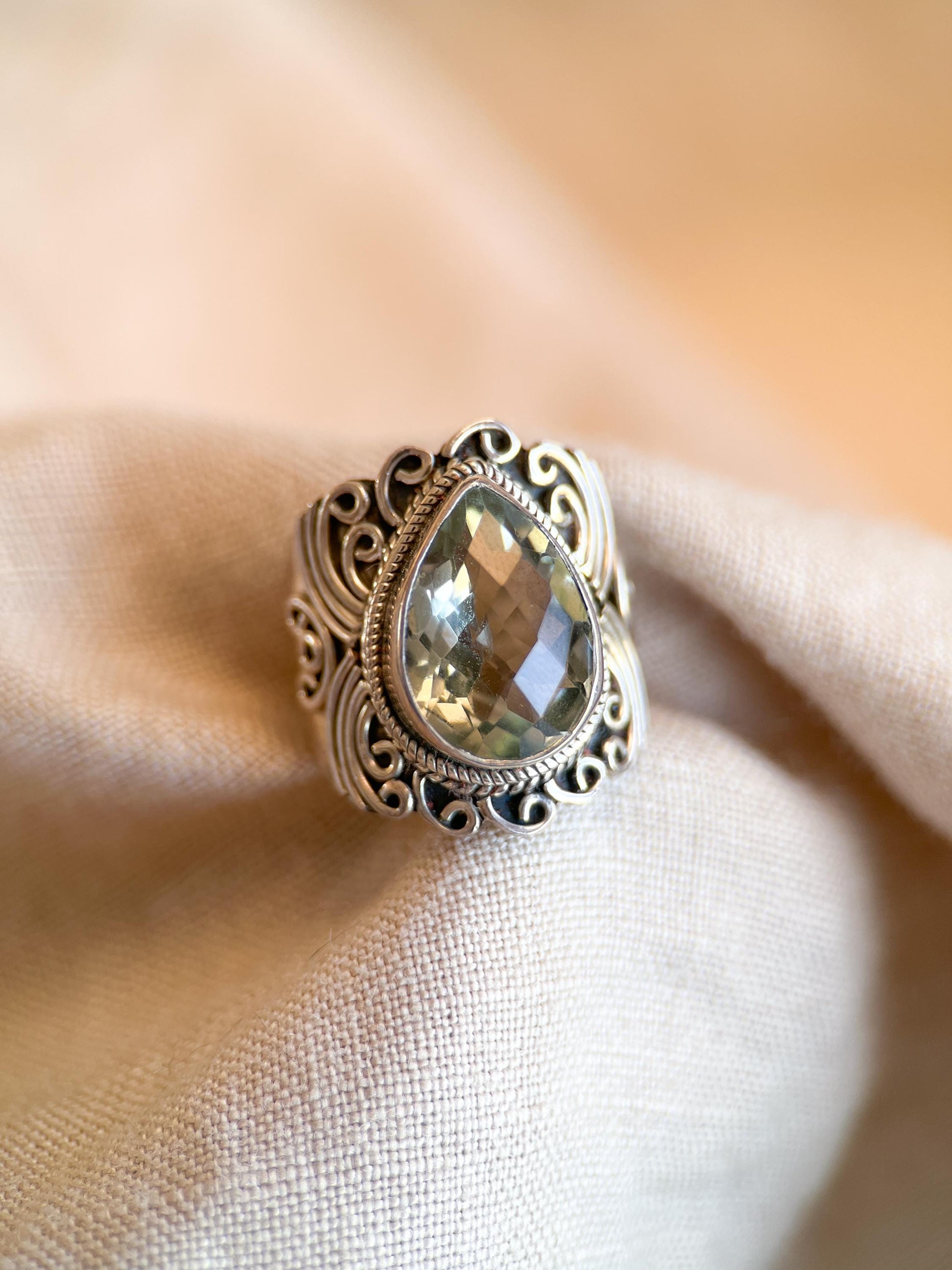 Vintage Pear Prasiolite Ring, Sterling Silver Filigree Boho Statement Jewelry