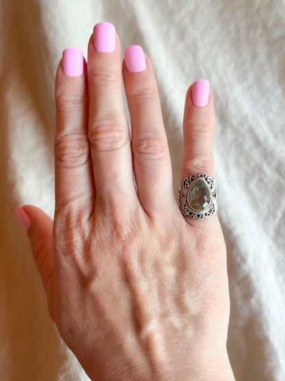 Vintage Pear Prasiolite Ring, Sterling Silver Filigree Boho Statement Jewelry